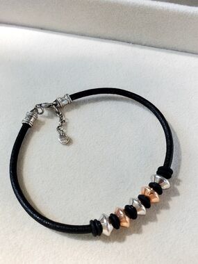 Black Leather Bracelet with Silver & Rose Gold Beads